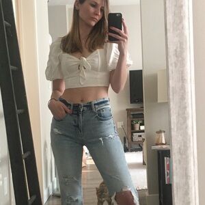 Cream Cotton Candy LA Crop Top with Puff Sleeves sz S